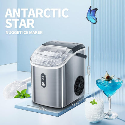 Nugget Ice Tragbarer Eiswürfelbereiter für die Arbeitsplatte mit mechanischen Knöpfen, ausgestattet mit Eiskorb und Eisschaufel, Edelstahl