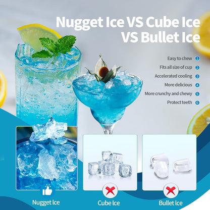 Nugget Ice Tragbarer Eiswürfelbereiter für die Arbeitsplatte mit mechanischen Knöpfen, ausgestattet mit Eiskorb und Eisschaufel, Edelstahl