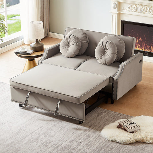 Coffee 54.7 Polyester Loveseat Adjustable Sofa Bed with Two USB Ports and Four Floral Lumbar Pillows