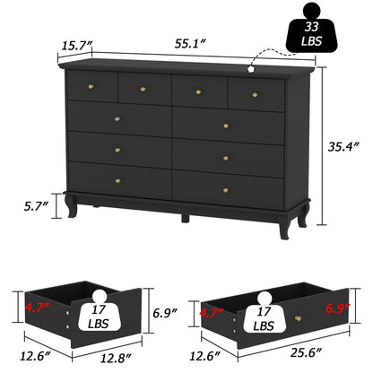 Doppelkommode mit 10 Schubladen für Schlafzimmer, weiße Kommode, breiter Stauraum