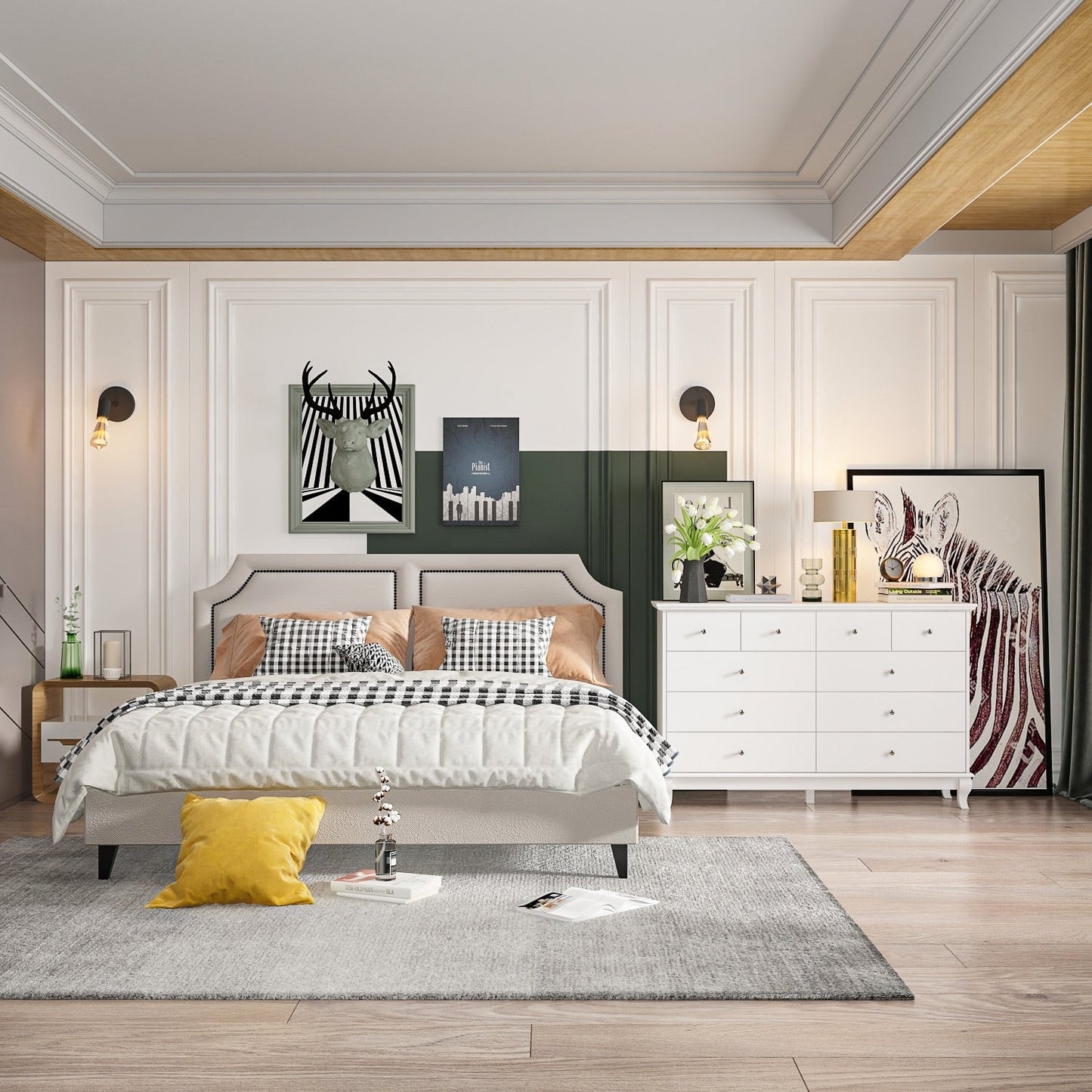 Doppelkommode mit 10 Schubladen für Schlafzimmer, weiße Kommode, breiter Stauraum