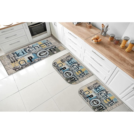 Kashi Home Kitchen Rug, Printed Durable Non Slip Floor Mat, Farmhouse Design 3 Piece Set - 3pc Set (2 18x30 D Shape & 1 20x40)