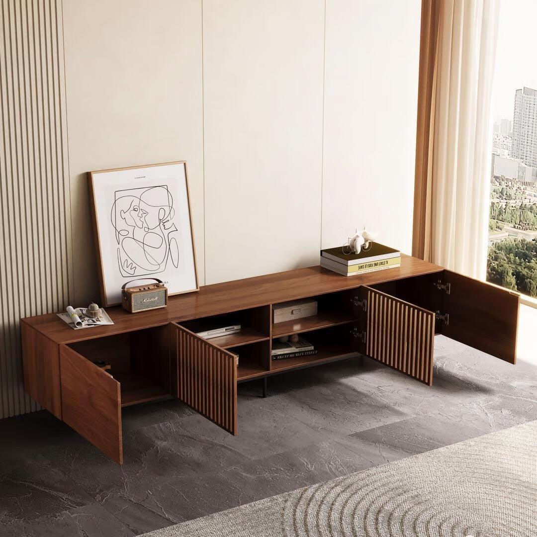 Mid-Century Modern TV-Ständer mit 4 Türen, Aufbewahrungsschränke, passend für Fernseher bis zu 100 Zoll, Entertainment-Center für das Wohnzimmer
