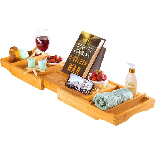 Luxuriöses Badewannentablett aus Bambus – erweiterbares und faltbares, rutschfestes Badewannentablett mit Buch-/Tablet- und Weinglashalter, das beste Geschenk
