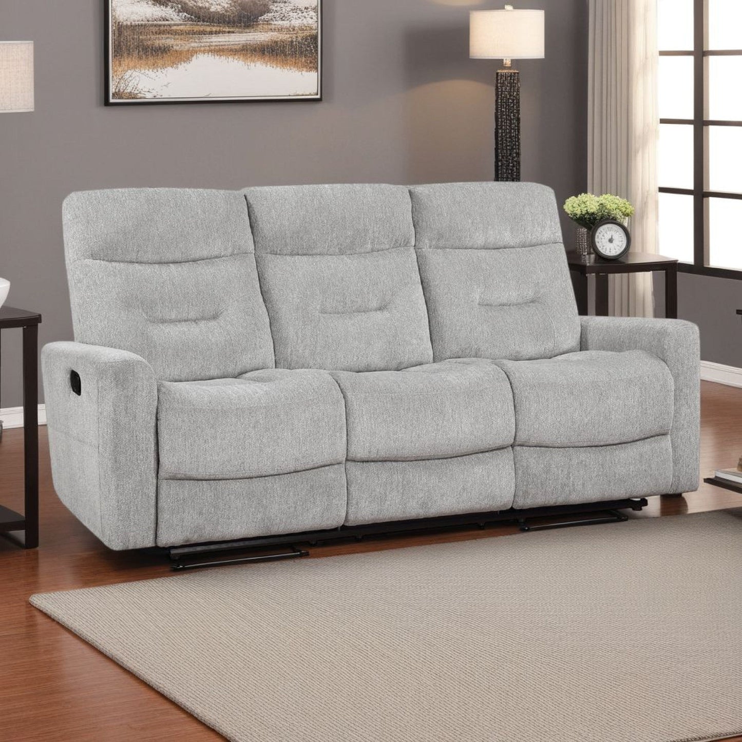 Lyns Manual Double Recliner Sofa, Soft Gray Chenille 81 Inch
