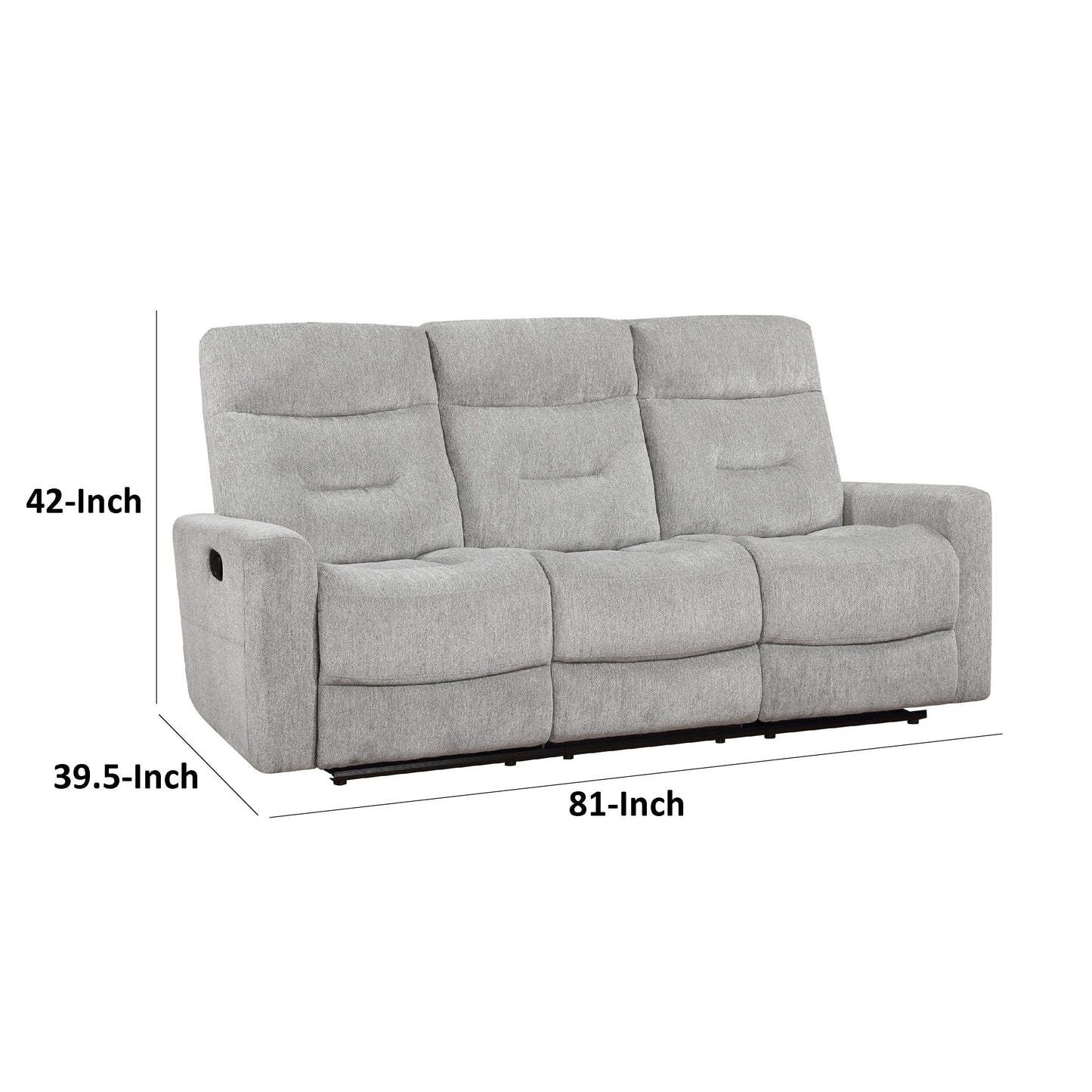 Lyns Manual Double Recliner Sofa, Soft Gray Chenille 81 Inch