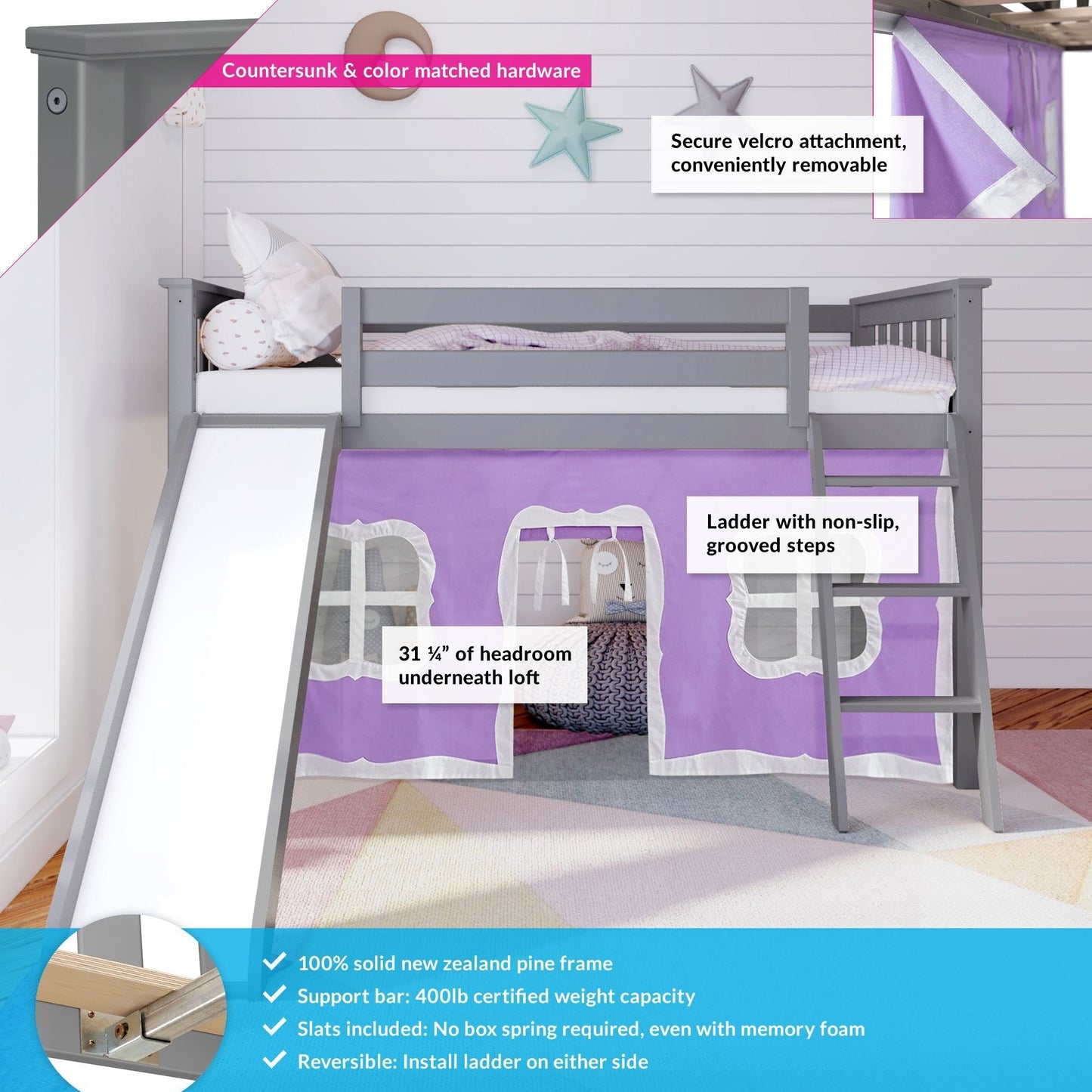 Max and Lily Twin Low Loft mit Rutsche und Vorhängen