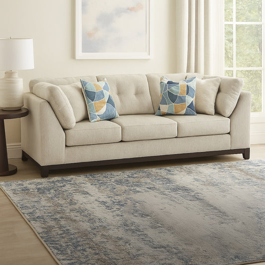 Maxo Sofa, 100 Inch Tufted Ivory Polyester, 5 Accent Throw Pillows
