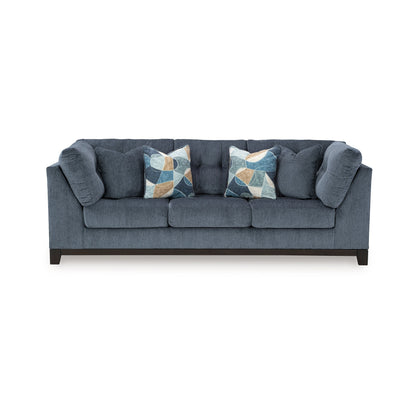 Maxo Sofa, 100 Inch Tufted Rich Blue Polyester, 5 Accent Throw Pillows