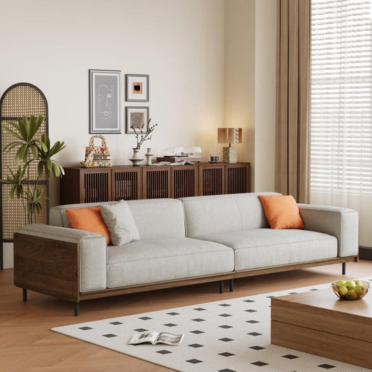Mid-Century Modern 4-Sitzer-Sofa, Polsterung aus Walnussbaumwolle und Leinen, abnehmbare, waschbare Bezüge, tiefe Kissen mit Kissen