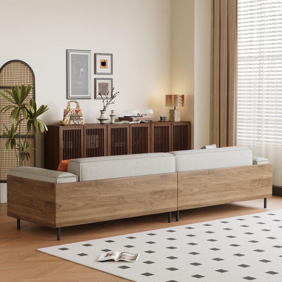 Mid-Century Modern 4-Sitzer-Sofa, Polsterung aus Walnussbaumwolle und Leinen, abnehmbare, waschbare Bezüge, tiefe Kissen mit Kissen