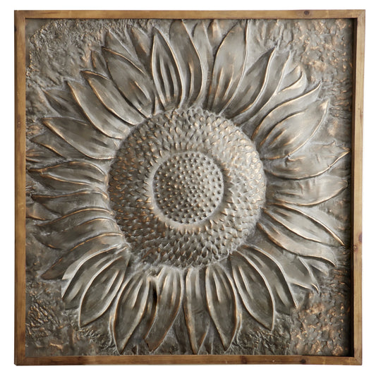 Wanddekoration aus Metall mit Sonnenblumenmotiv und geprägten Details – Grau – Roche River Decor