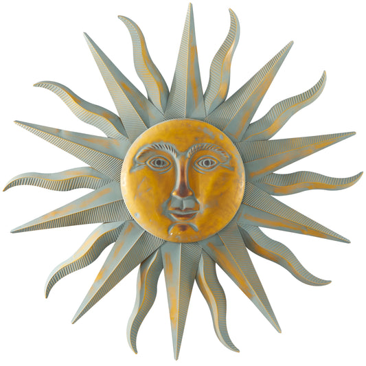 Wanddekoration „Sonne“ aus Metall für drinnen und draußen im Used-Look mit kupferähnlichen Akzenten und Rillen – Gold – Roche River Decor