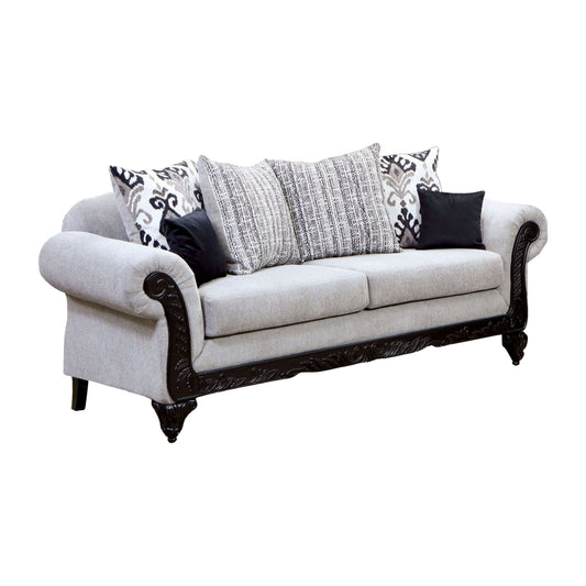 Mezia Sofa, Gray Chenille, 6 Pillows, Black Solid Wood, 94 Inch