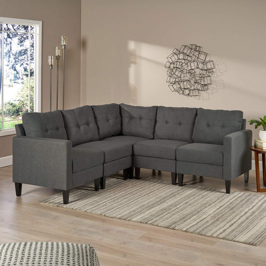 Mid-Century 5-Piece Modular Sectional Sofa with Button-Tufted Cushions for Living Room