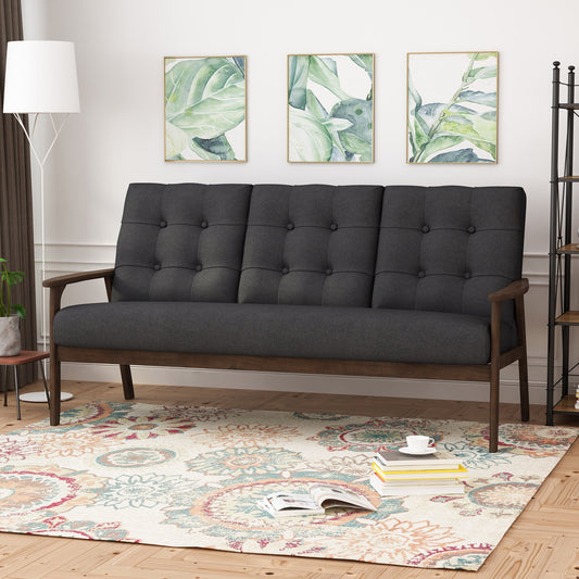 Mid Century 65.5 Button Tufted 3-seater Sofa with Rubberwood Legs for Living Room