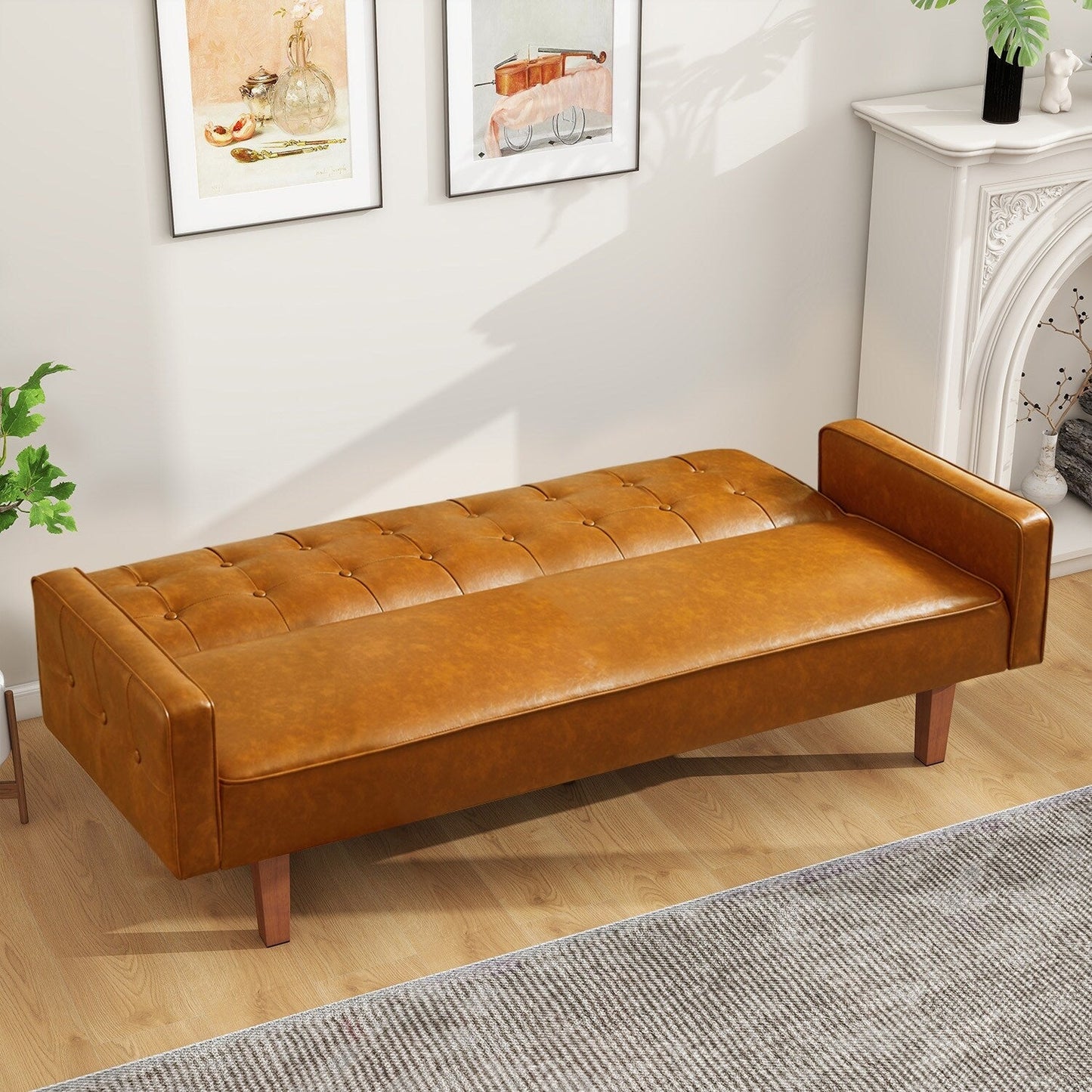 Mid-Century 74” in PU Leather Futon Sofa Bed, Button Tufted Sofa 3-Seat for Living Room Bedroom