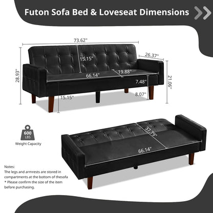 Mid-Century 74” in PU Leather Futon Sofa Bed, Button Tufted Sofa 3-Seat for Living Room Bedroom