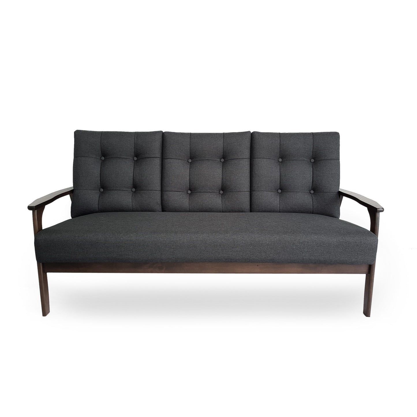 Mid Century Button Tufted 3-seater Sofa with Rubberwood Legs