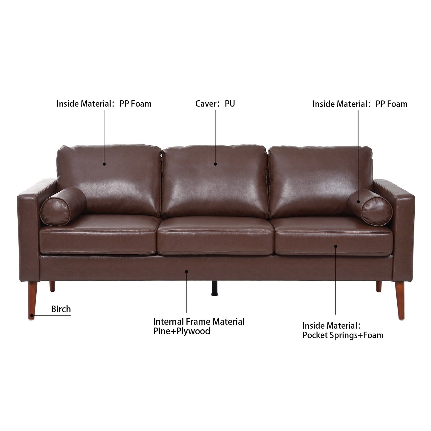 Mid Century Modern 76.7 PU 3-seater Sofa with iron wood structure for Living Room