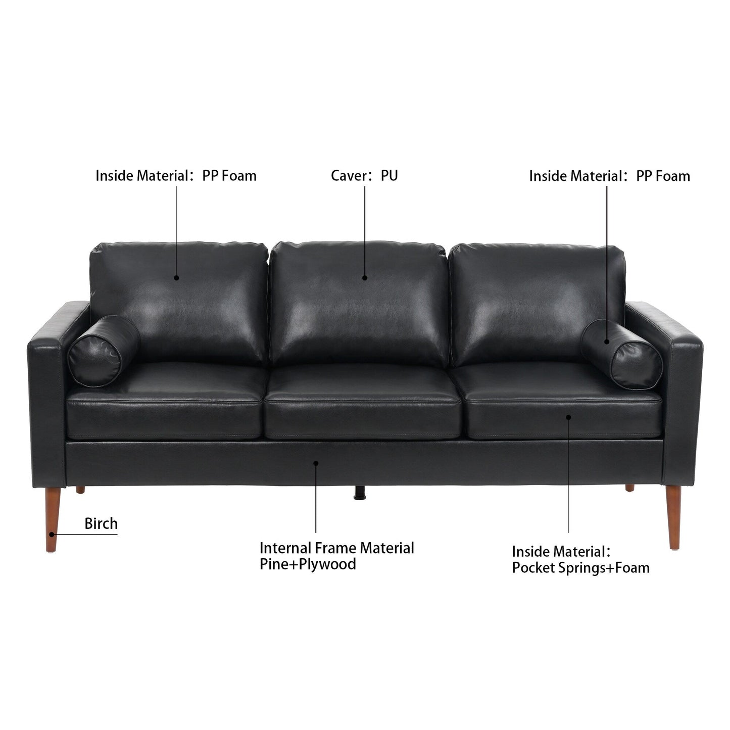 Mid Century Modern 76.7 PU 3-seater Sofa with iron wood structure for Living Room