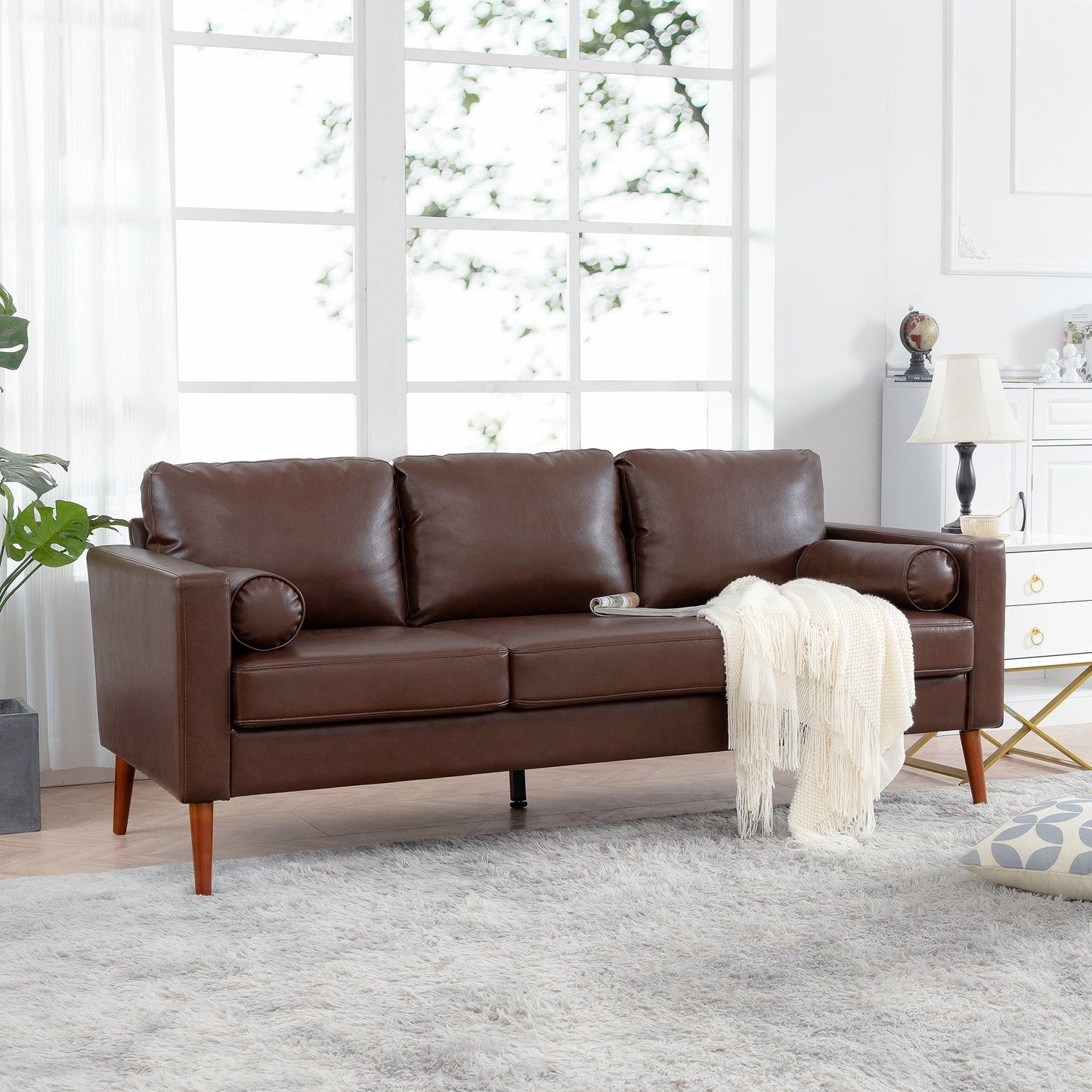 Mid Century Modern 76.7 PU 3-seater Sofa with iron wood structure for Living Room