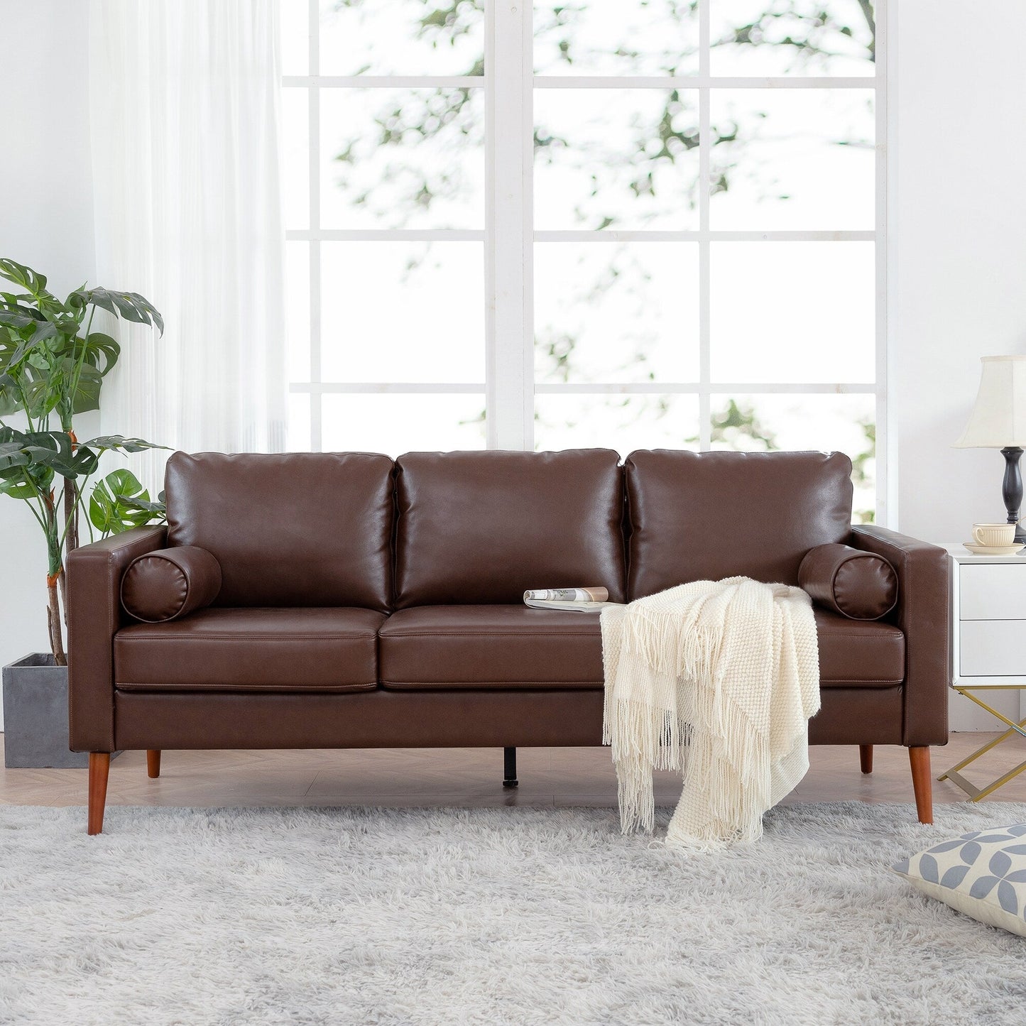 Mid Century Modern 76.7 PU 3-seater Sofa with iron wood structure for Living Room