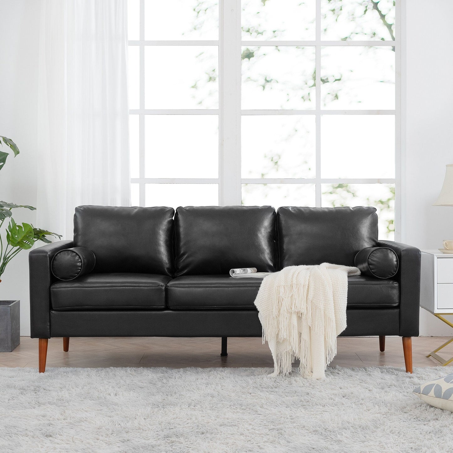 Mid Century Modern 76.7 PU 3-seater Sofa with iron wood structure for Living Room