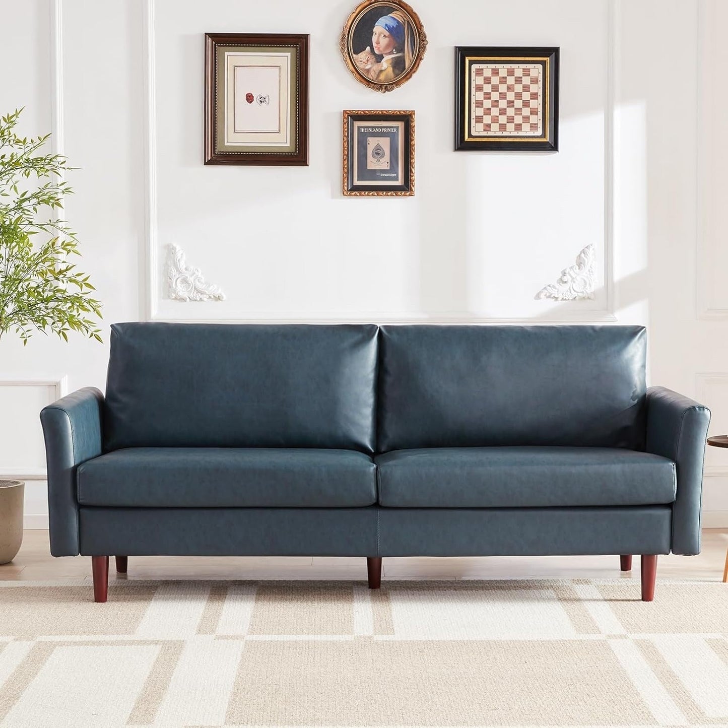 Mid-Century Modern 80 Faux Leather 3-seater Sofa with Wood Legs and Padded Cushionsfor Living Room