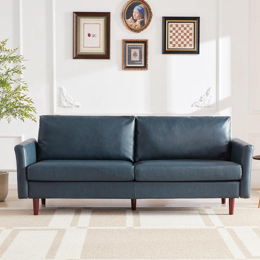 Mid-Century Modern 80 Faux Leather 3-seater Sofa with Wood Legs and Padded Cushionsfor Living Room