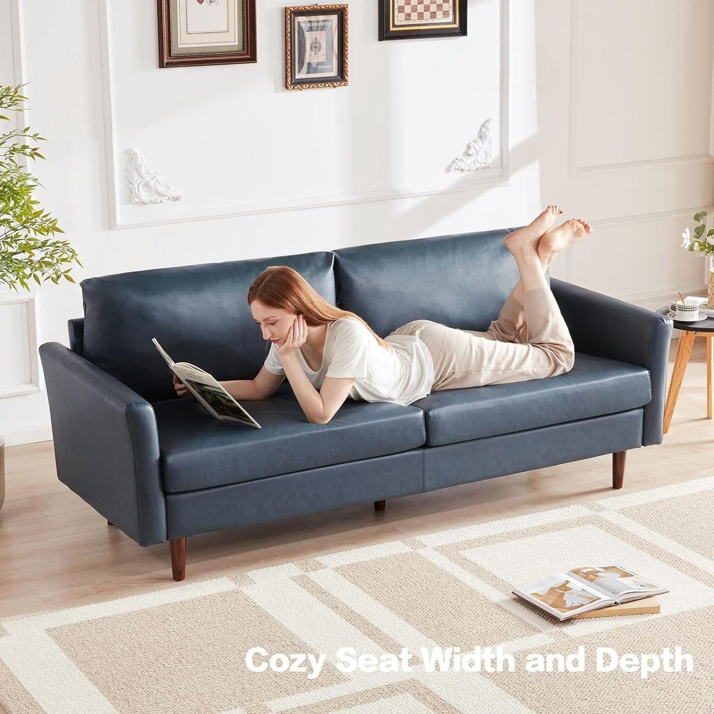 Mid-Century Modern 80 Faux Leather 3-seater Sofa with Wood Legs and Padded Cushionsfor Living Room