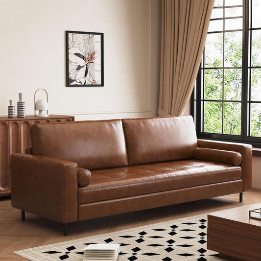 Mid-Century Modern Brown Faux Leather Sofa â?3-Seater Upholstered Couch with Bolster Pillows, Tufted Seat, and Solid Wood Frame