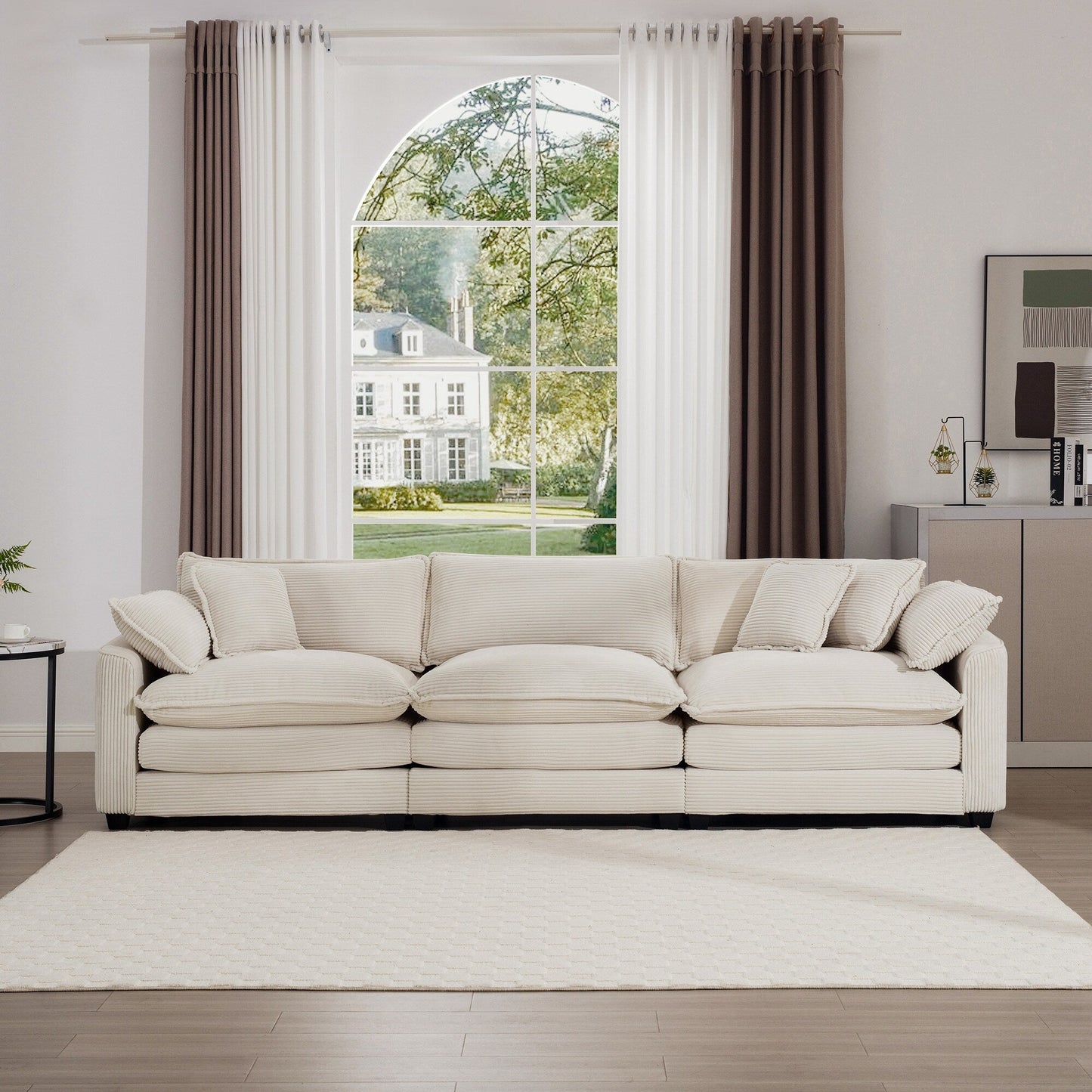 Mid-Century Modern Corduroy 3-Seater Modular Sectional Sofa with 2 Arm Pillows and 3 Throw Pillows for Living Room