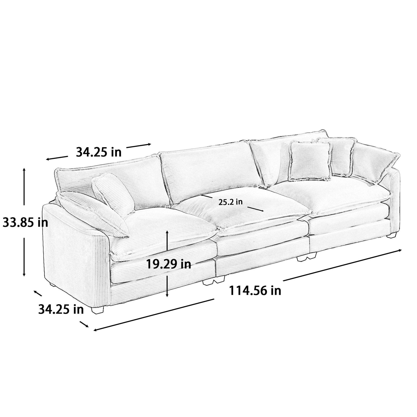 Mid-Century Modern Corduroy 3-Seater Modular Sectional Sofa with 2 Arm Pillows and 3 Throw Pillows for Living Room