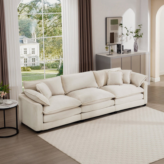 Mid-Century Modern Corduroy 3-Seater Modular Sectional Sofa with 2 Arm Pillows and 3 Throw Pillows for Living Room