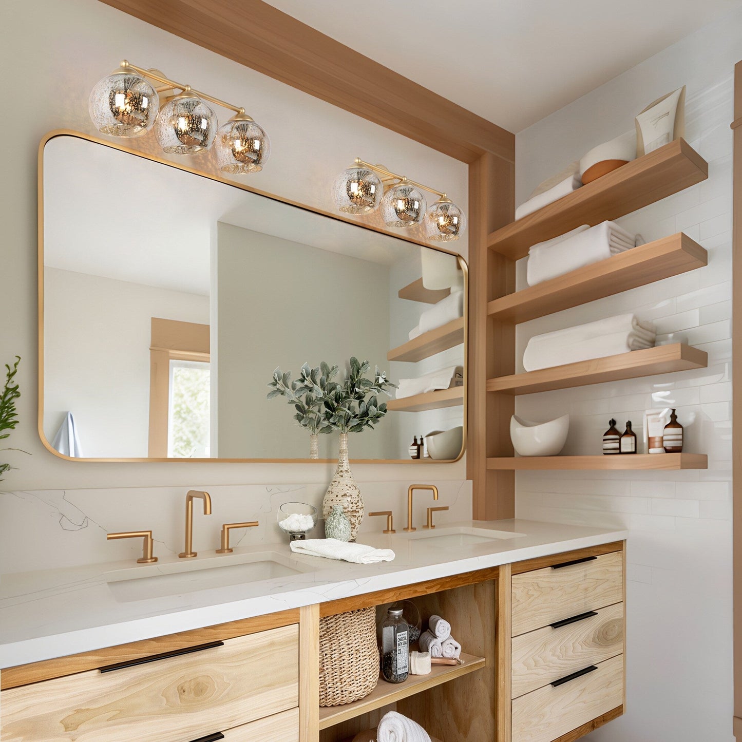 Moderne Badezimmer-Waschtischleuchte im Glamour-Gold-Stil aus der Mitte des Jahrhunderts, 3-flammige Wandleuchte mit Quecksilberglas – 21 L x 7 B x 8 H