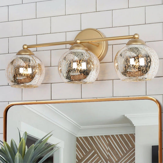 Moderne Badezimmer-Waschtischleuchte im Glamour-Gold-Stil aus der Mitte des Jahrhunderts, 3-flammige Wandleuchte mit Quecksilberglas – 21 L x 7 B x 8 H