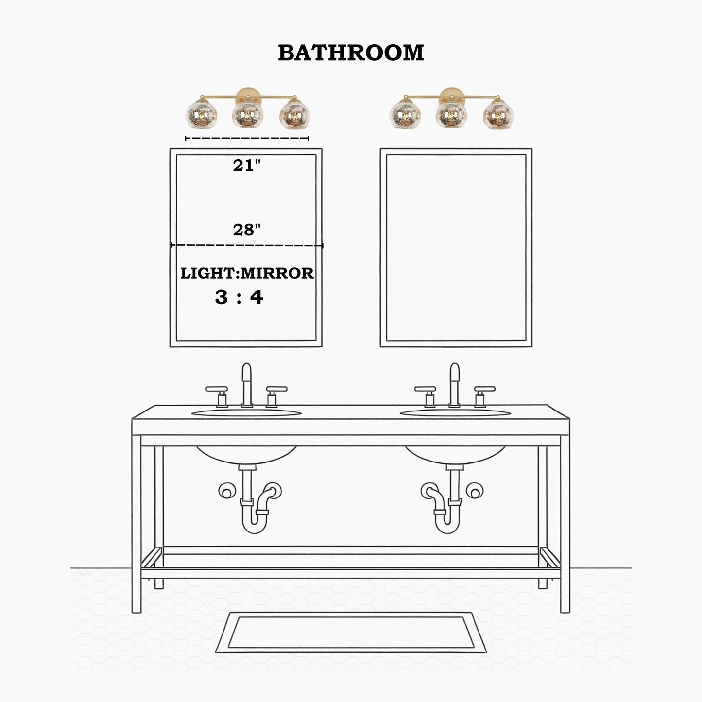 Moderne Badezimmer-Waschtischleuchte im Glamour-Gold-Stil aus der Mitte des Jahrhunderts, 3-flammige Wandleuchte mit Quecksilberglas – 21 L x 7 B x 8 H