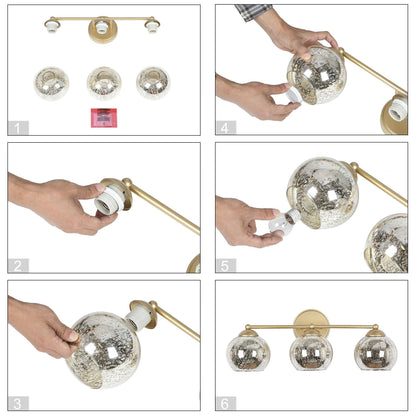 Moderne Badezimmer-Waschtischleuchte im Glamour-Gold-Stil aus der Mitte des Jahrhunderts, 3-flammige Wandleuchte mit Quecksilberglas – 21 L x 7 B x 8 H