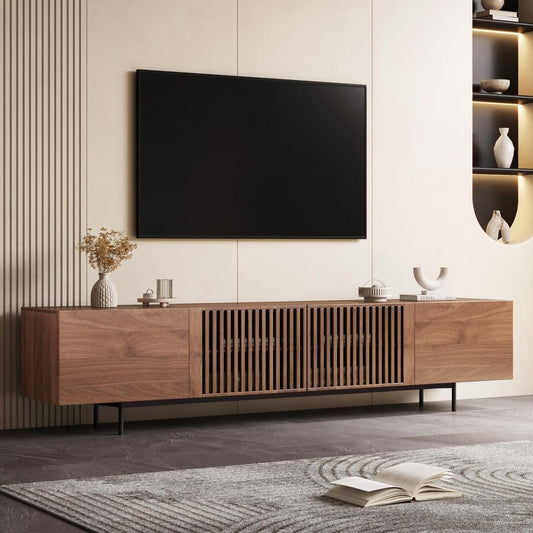 Mid-Century Modern TV-Ständer mit 4 Türen, Aufbewahrungsschränke, passend für Fernseher bis zu 100 Zoll, Entertainment-Center für das Wohnzimmer