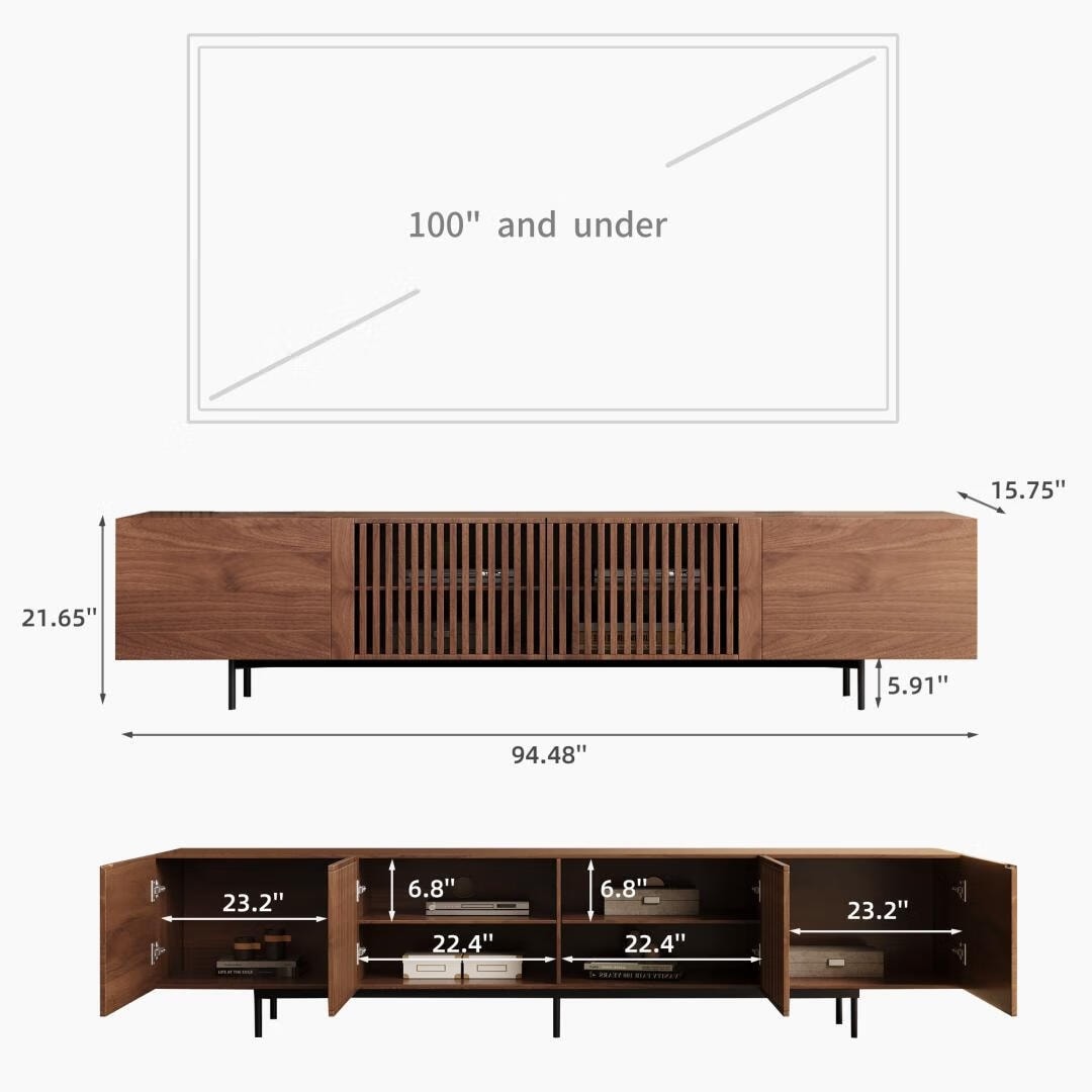 Mid-Century Modern TV-Ständer mit 4 Türen, Aufbewahrungsschränke, passend für Fernseher bis zu 100 Zoll, Entertainment-Center für das Wohnzimmer