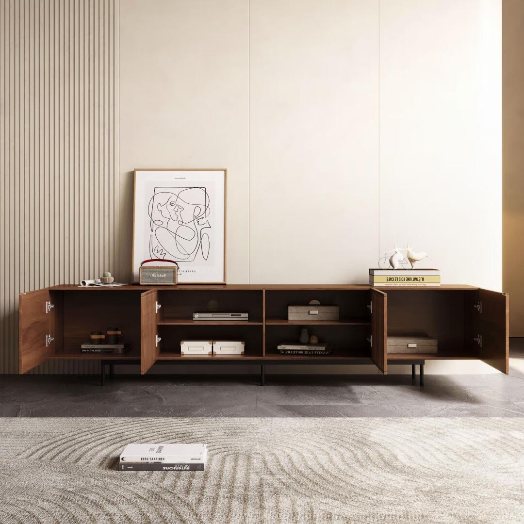 Mid-Century Modern TV-Ständer mit 4 Türen, Aufbewahrungsschränke, passend für Fernseher bis zu 100 Zoll, Entertainment-Center für das Wohnzimmer