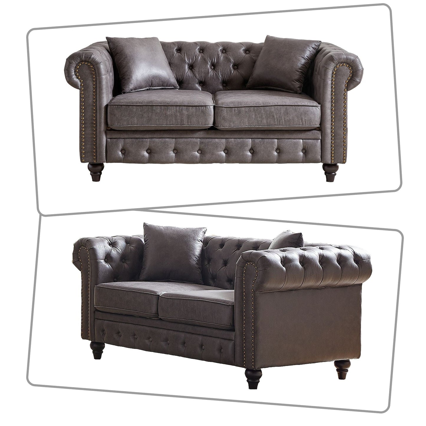 Mid-century vintage style standard tufted upholstered sofa with nailhead trim and wooden legs for living room malls