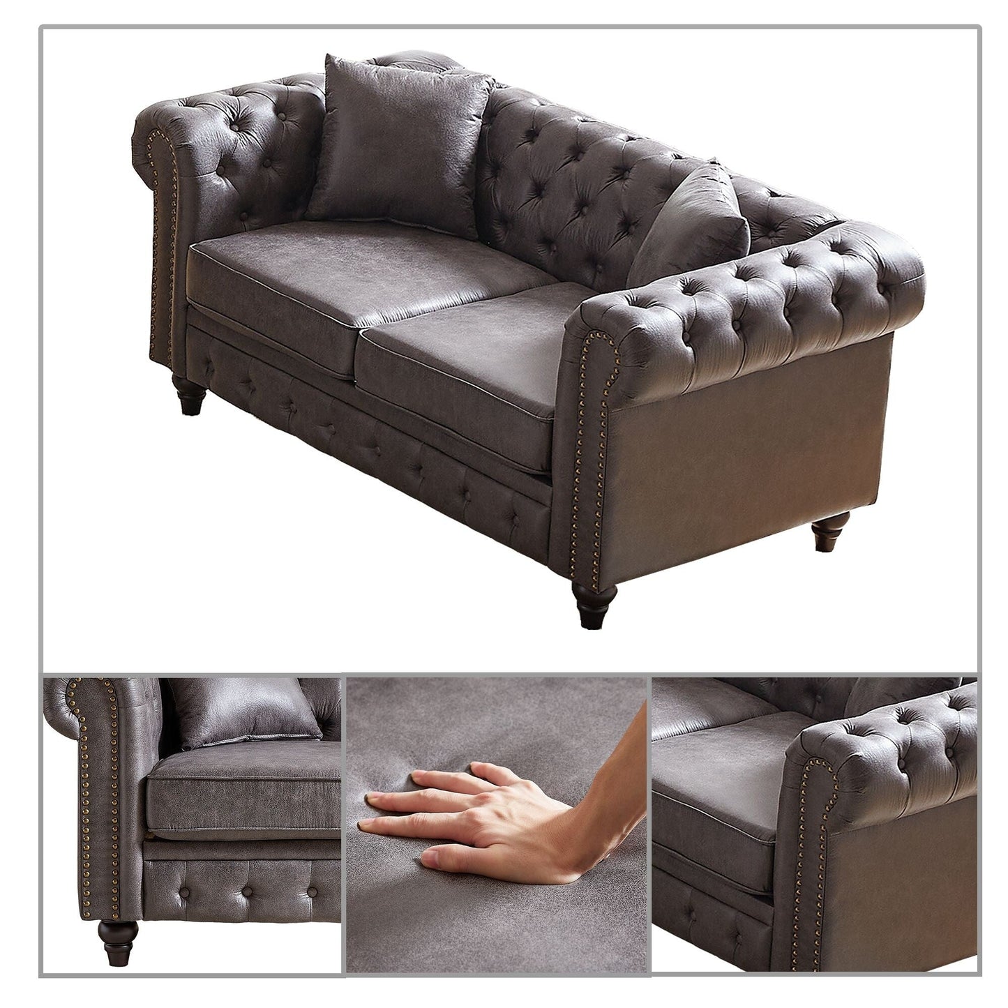 Mid-century vintage style standard tufted upholstered sofa with nailhead trim and wooden legs for living room malls