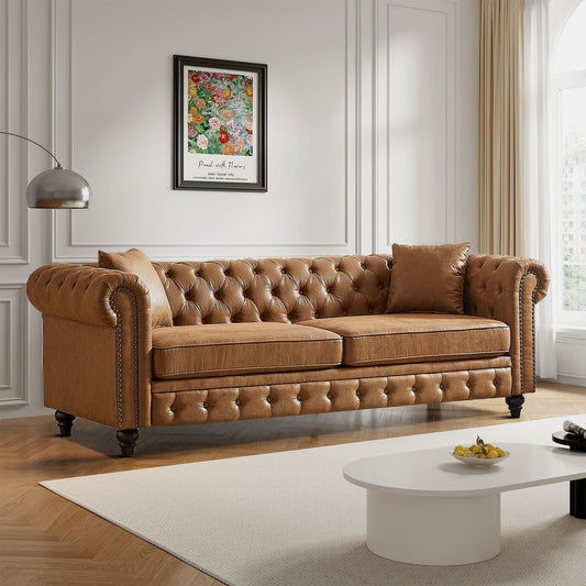 Mid-century vintage style standard tufted upholstered sofa with nailhead trim and wooden legs for living room malls