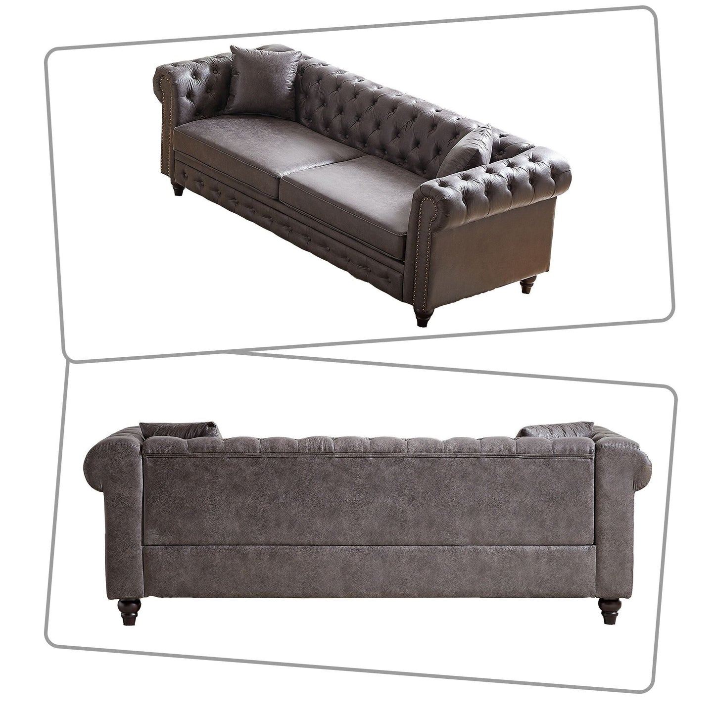 Mid-century vintage style standard tufted upholstered sofa with nailhead trim and wooden legs for living room malls