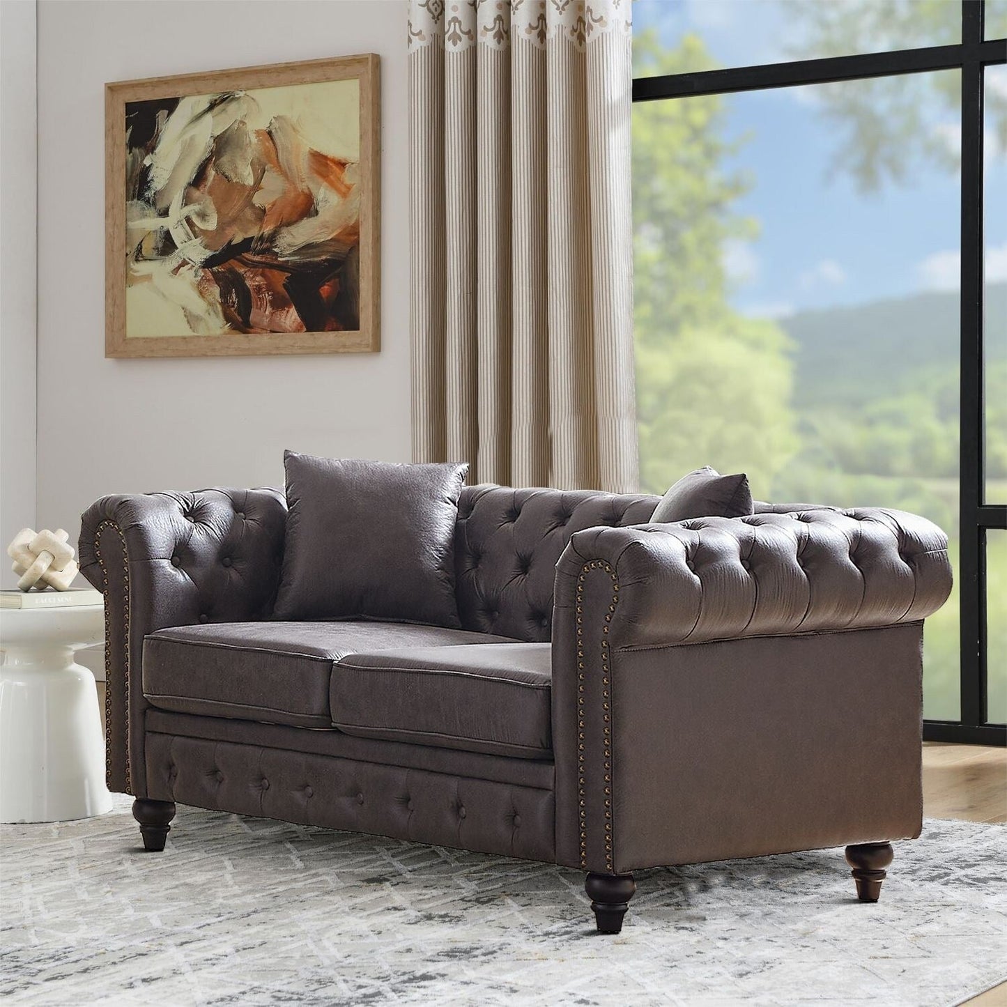 Mid-century vintage style standard tufted upholstered sofa with nailhead trim and wooden legs for living room malls