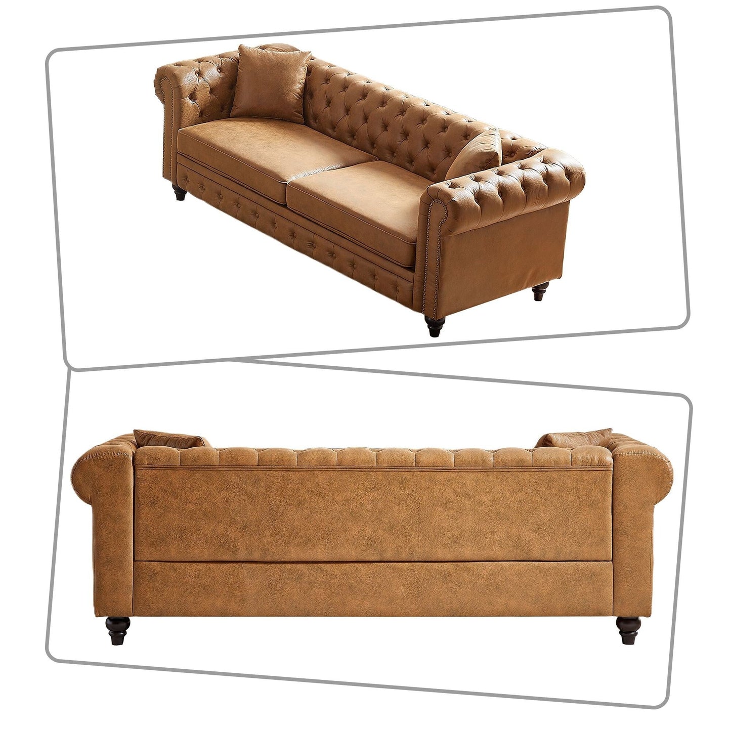 Mid-century vintage style standard tufted upholstered sofa with nailhead trim and wooden legs for living room malls