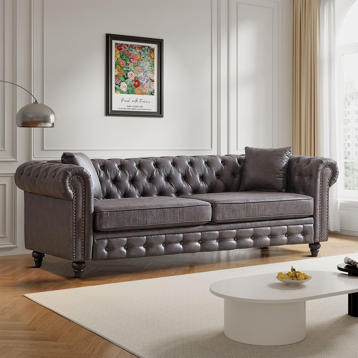Mid-century vintage style standard tufted upholstered sofa with nailhead trim and wooden legs for living room malls