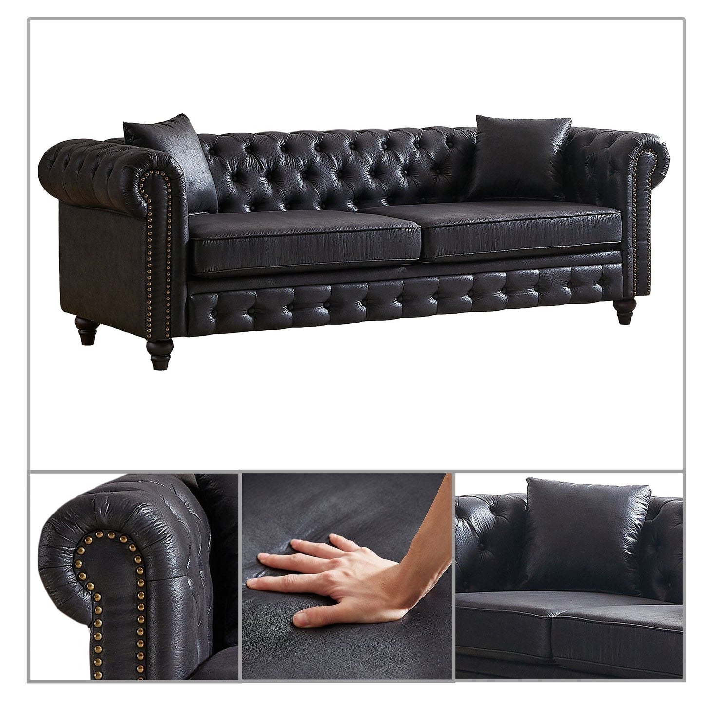Mid-century vintage style standard tufted upholstered sofa with nailhead trim and wooden legs for living room malls